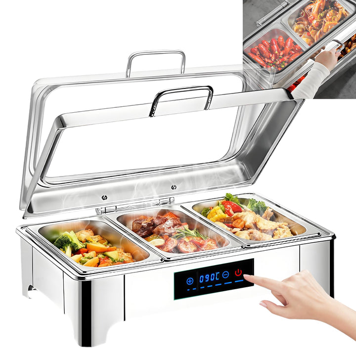Elektrischer Chafing Dish Glasdeckel, 9L Edelstahl(1/3 Pan) | Speisewärmer Buffetwärmer Elektrisch E
