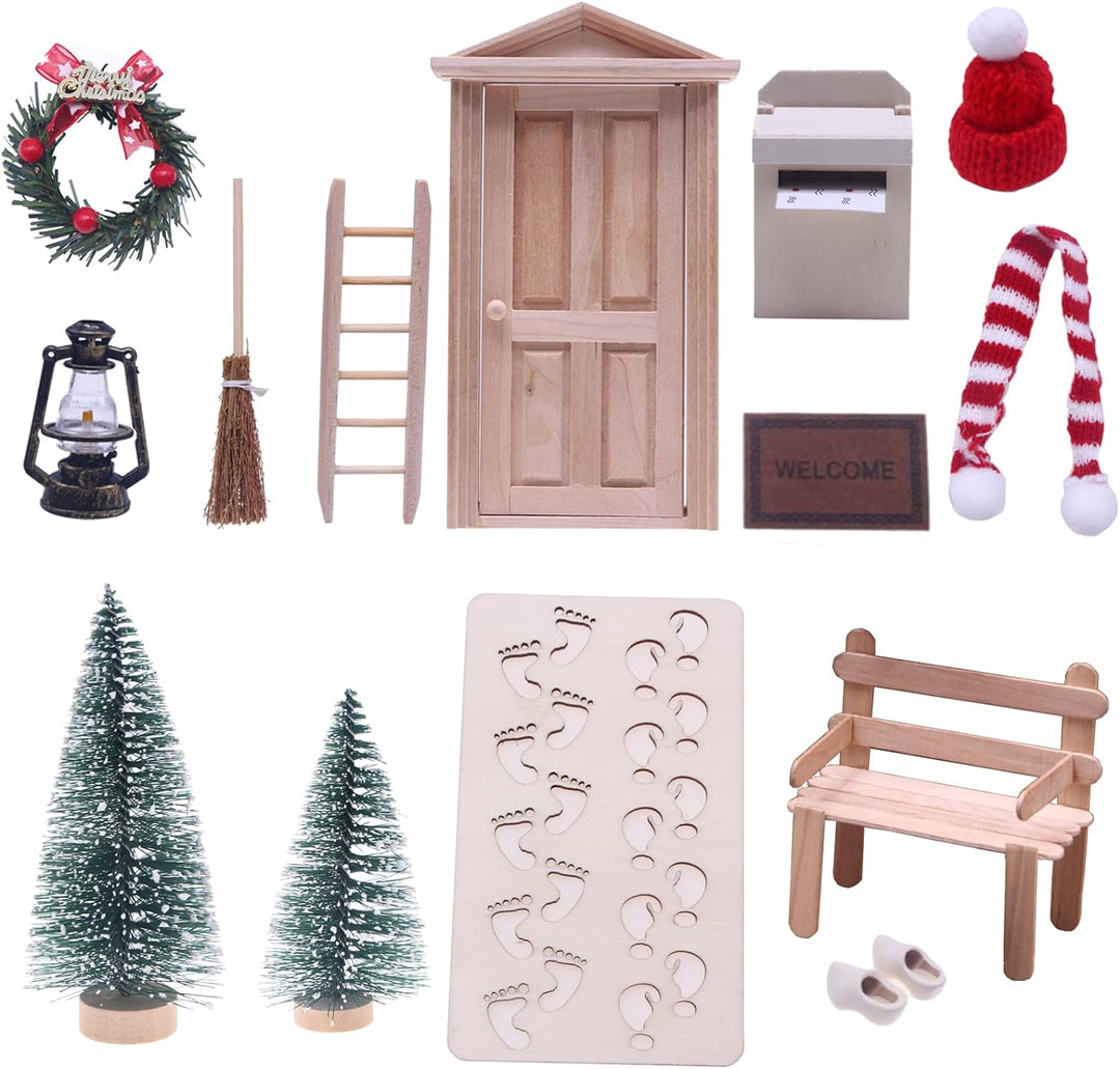 Nabeta Deco Wichteltür Zubehör Wichteltür Set Weihnachtsbaum Dekokranz Holzleiter Teppich Bank Hüte