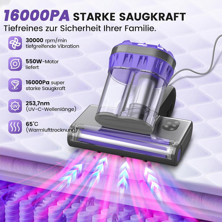 Dzaki Milbensauger, Milbenstaubsauger mit UV-Licht &amp; Heissluft für Matratzen, 16Kpa Saugkraft/99,9%
