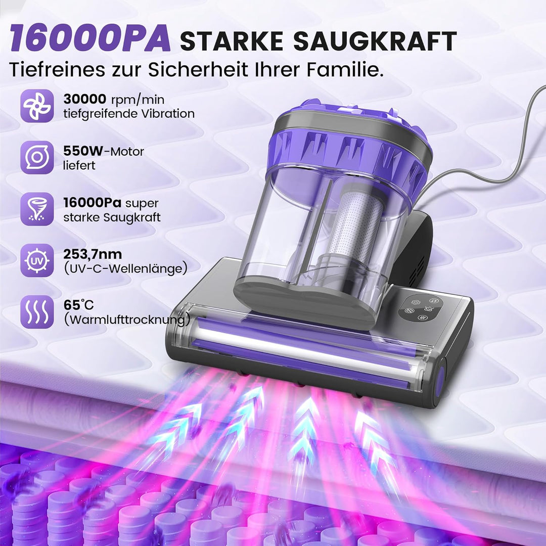 Dzaki Milbensauger, Milbenstaubsauger mit UV-Licht & Heissluft für Matratzen, 16Kpa Saugkraft/99,9%