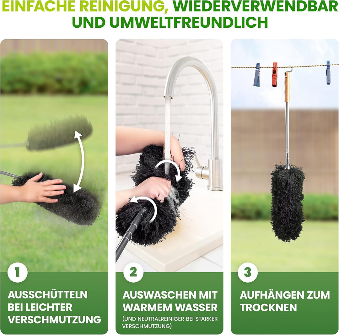 Staubwedel Teleskop - Effektiver Staubfänger mit speziellen Mikrofaser - Bambusgriff - Hergestellt a