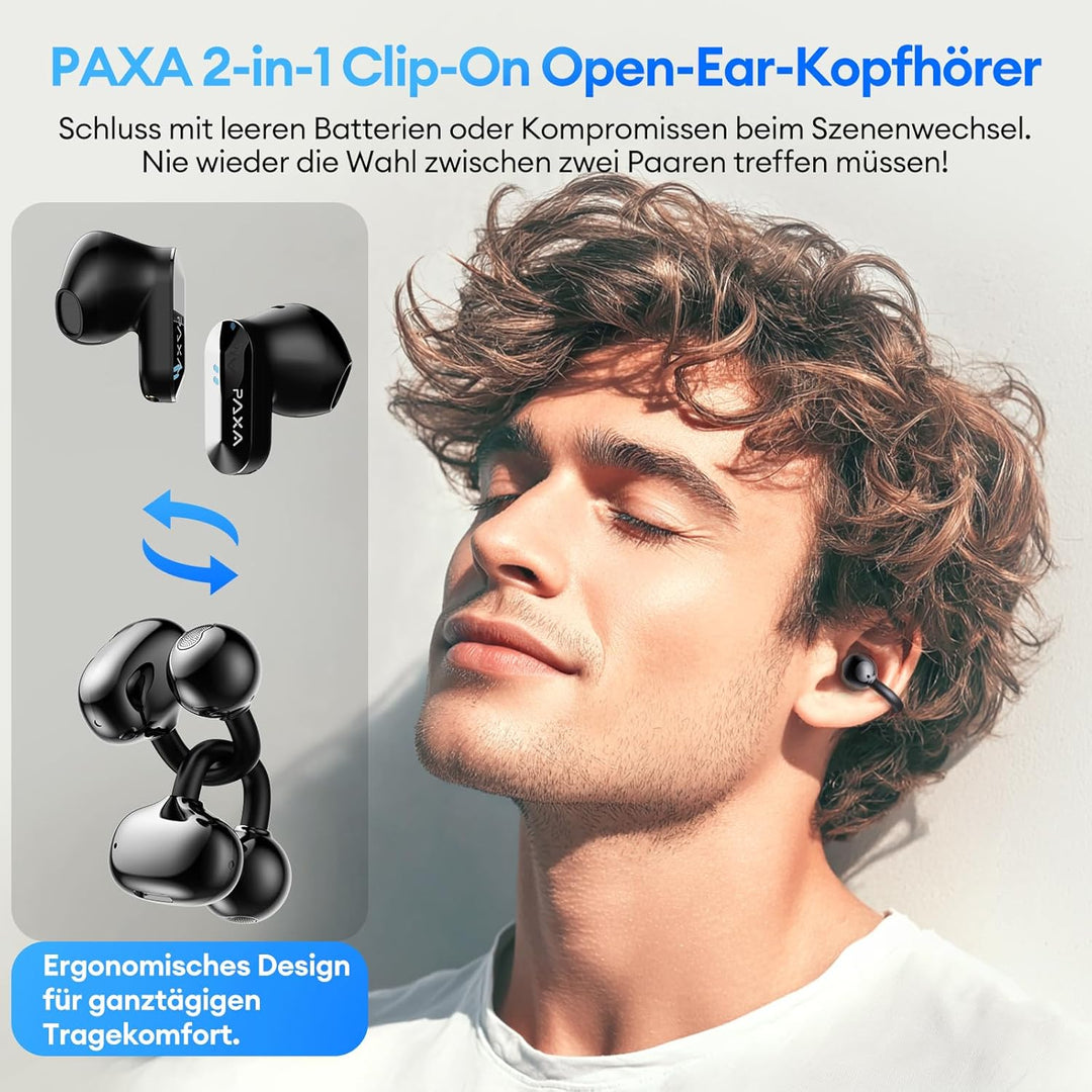 PAXA 2-in-1 Doppel-Set Clip On Kopfhörer Open Ear Kopfhörer Bluetooth 6.0 0ms Verzögerung, 140H Spie