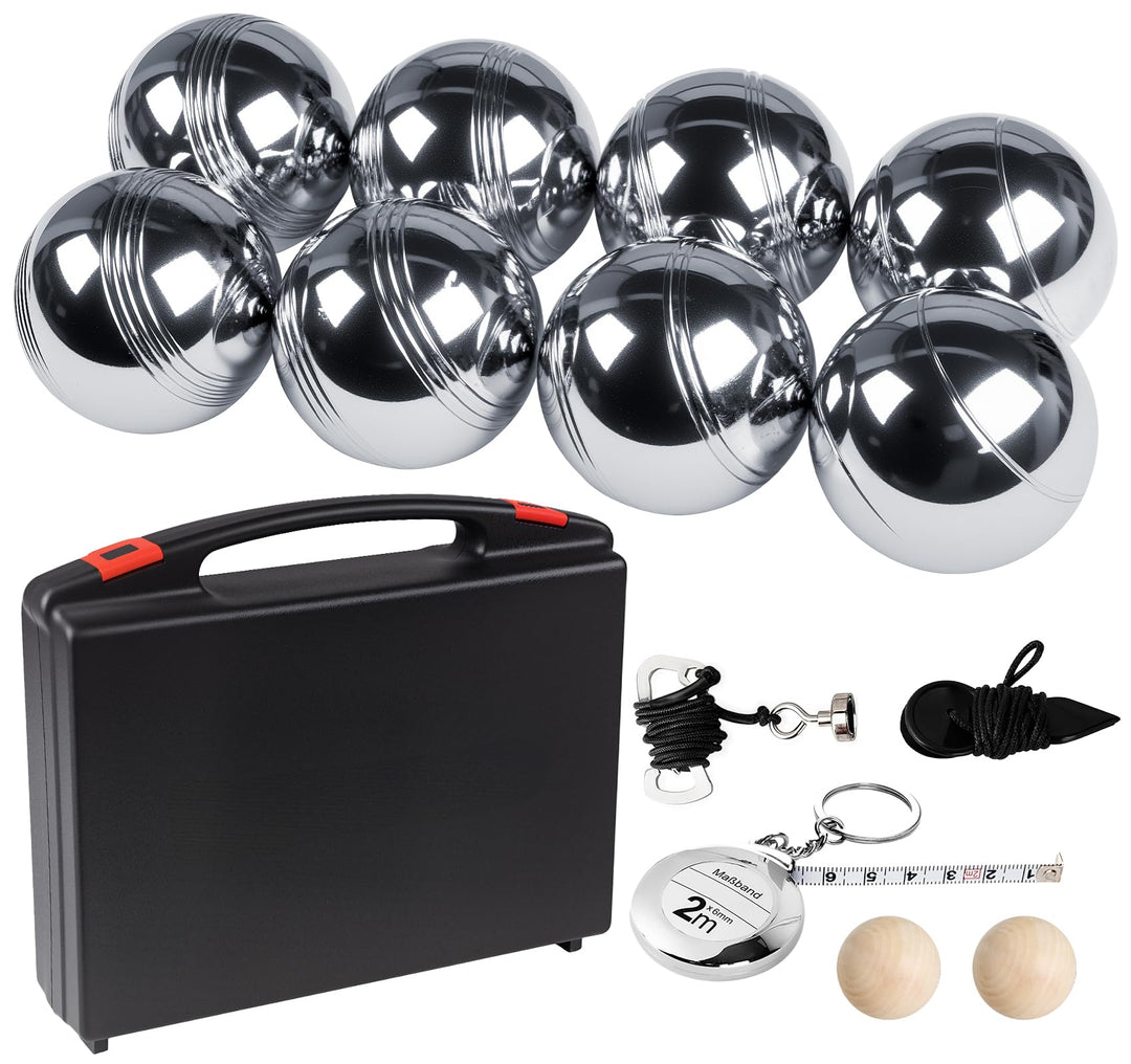Boule Set, Boccia aus Metall mit Holzkugeln, Messseil, Rollbandmass, Magnet-Kugelsammler & Aufbewahr