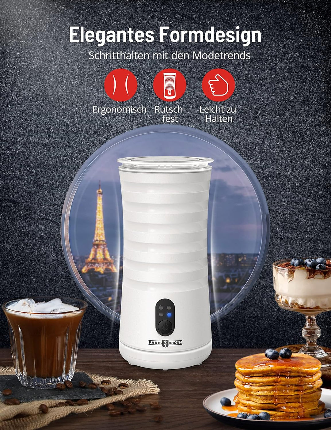 PARIS RHÔNE Milchaufschäumer Elektrisch 4-in-1 Milchschäumer für Heisser und Kalter Milchschaum, War