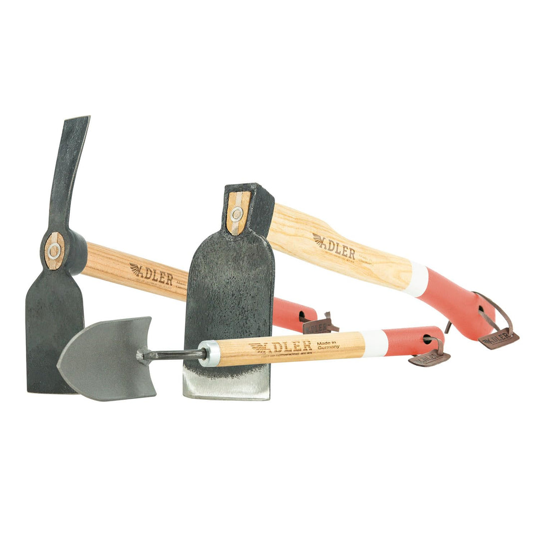 ADLER Garten-Set 3-TLG. – Geschmiedete Hacke, Kleinhacke Ivy &amp; Pflanzkelle Holly – 45 cm Eschenholz-