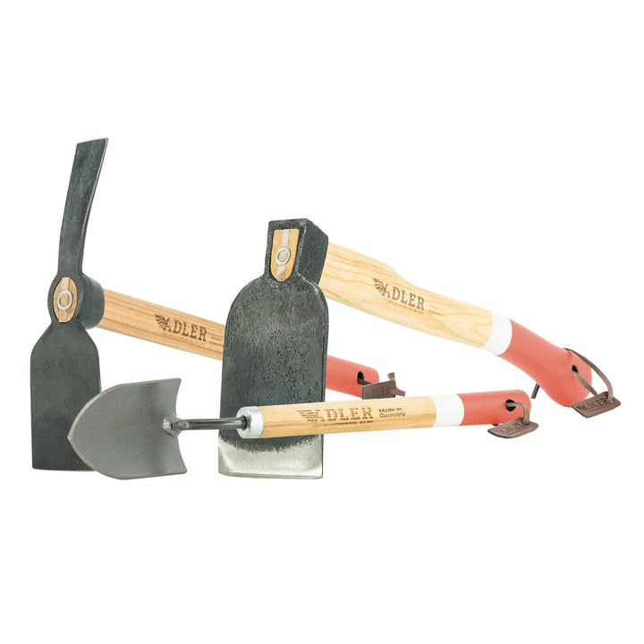 ADLER Garten-Set 3-TLG. – Geschmiedete Hacke, Kleinhacke Ivy &amp; Pflanzkelle Holly – 45 cm Eschenholz-