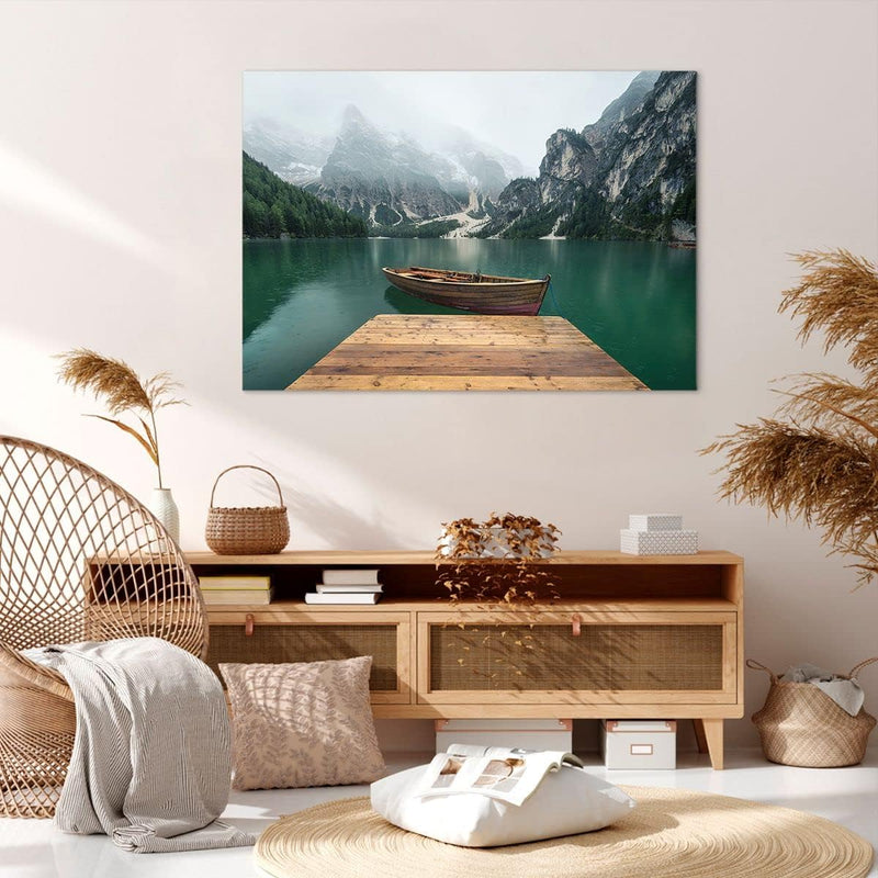 Bilder auf Leinwand 100x70cm Leinwandbild mit Rahmen Berge See Boot Gross Wanddeko Bild Schlafzimmer