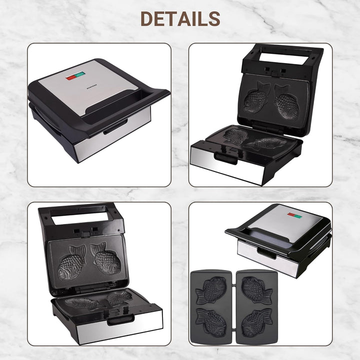 Syntrox Taiyaki Maker mit Wechselplatten, Edelstahl, schnelles Aufheizen, Antihaftbeschichtet, versc