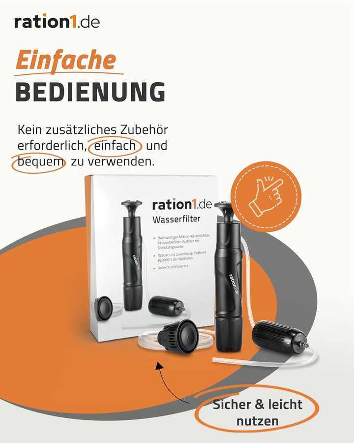 ration1 Wasserfilter mit hoher Durchflussrate von 1,1 Liter pro Minute. Der Pumpfilter entfernt 99,9