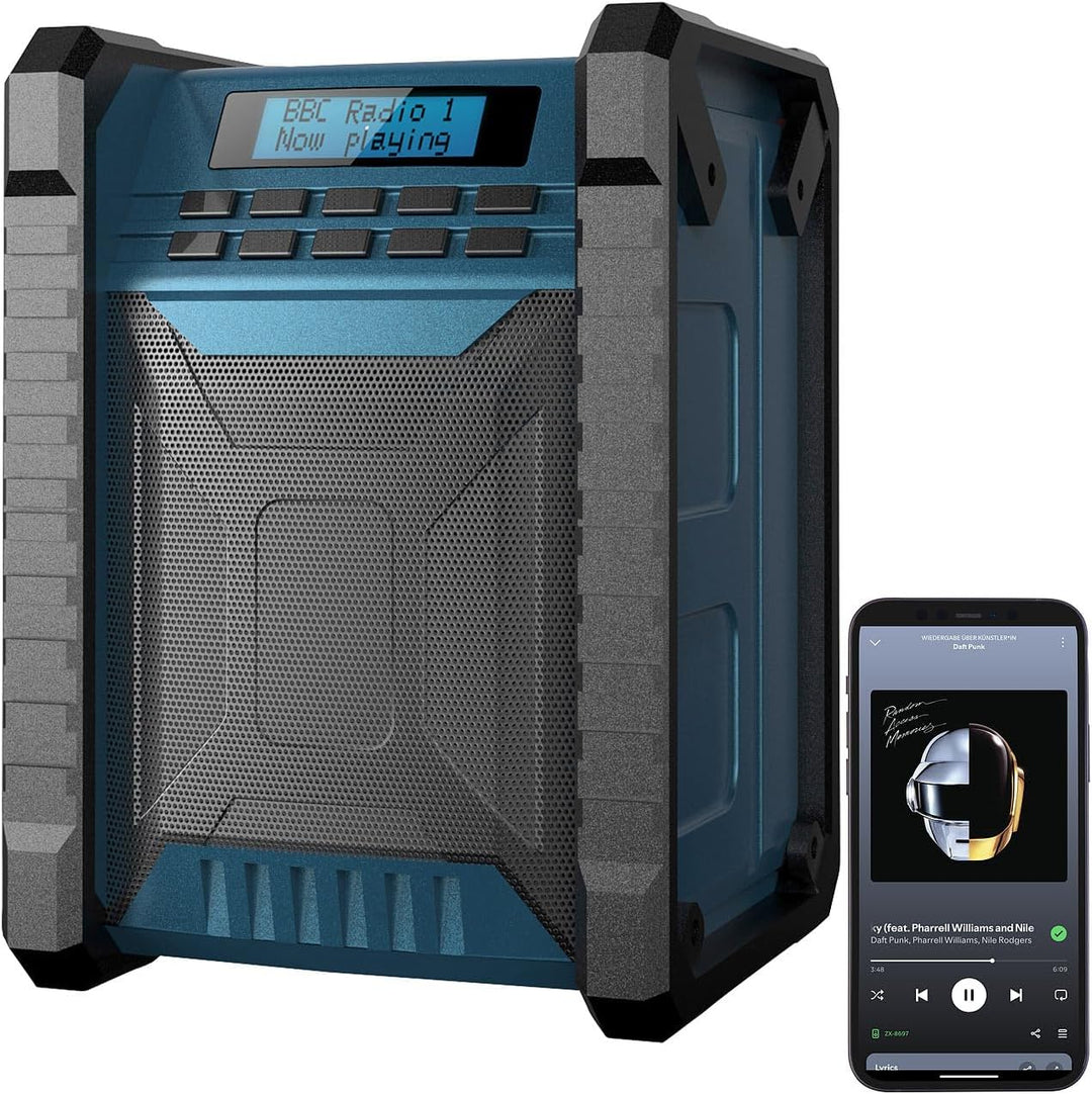 auvisio Lautsprecher, Bluetooth: Digitales DAB+/FM-Baustellenradio, Bluetooth, 80 Watt, IP54, Akku (