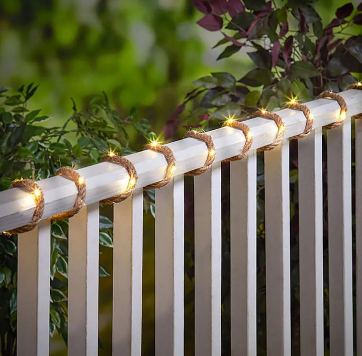 Lunartec Solar-Jute-Lichterkette: Solar-Seil-Lichterkette aus Naturfasern mit 60 eingearbeiteten LED