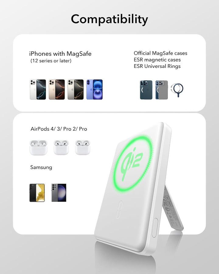 ESR MagSafe Power Bank 5000mAh, QI2-Zertifizierte Magnetische Power Bank, 1,5cm Ultrakompakte Powerb