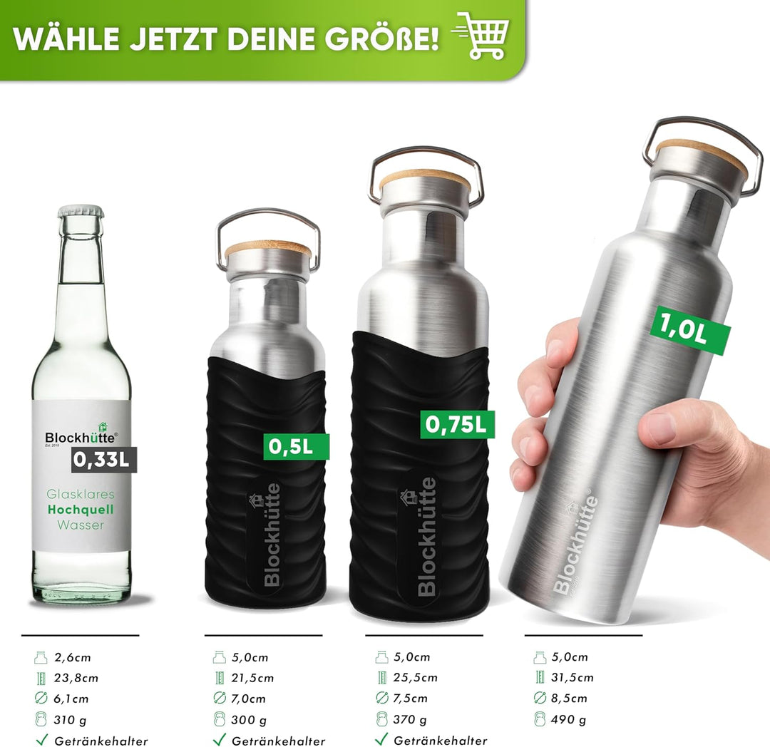 Blockhütte Edelstahl Trinkflasche 750ml I Wasserflasche Kohlensäure geeignet I Auslaufsicher, BPA-Fr