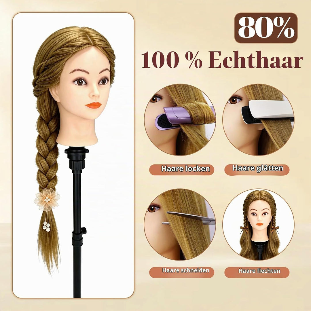 Yofuly 26Zoll / 66cm Frisierkopf, 80% Echthaar Übungskopf, Frisieren Trainingsköpfe Puppenkopf Frise