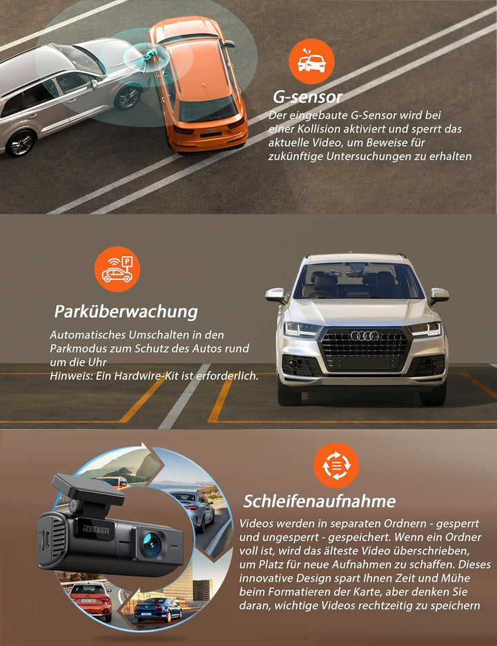 iZEEKER 2,5K Dashcam WiFi Dashkamera für Autos, Mini Auto Kamera 1440P Front Dashcam mit App-Unterst