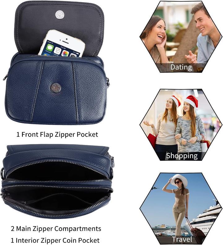 HAWEE Damen Handy Umhängetasche Echtes Leder Crossbody Schultertasche mit 3 Reissverschlüsse Kleine