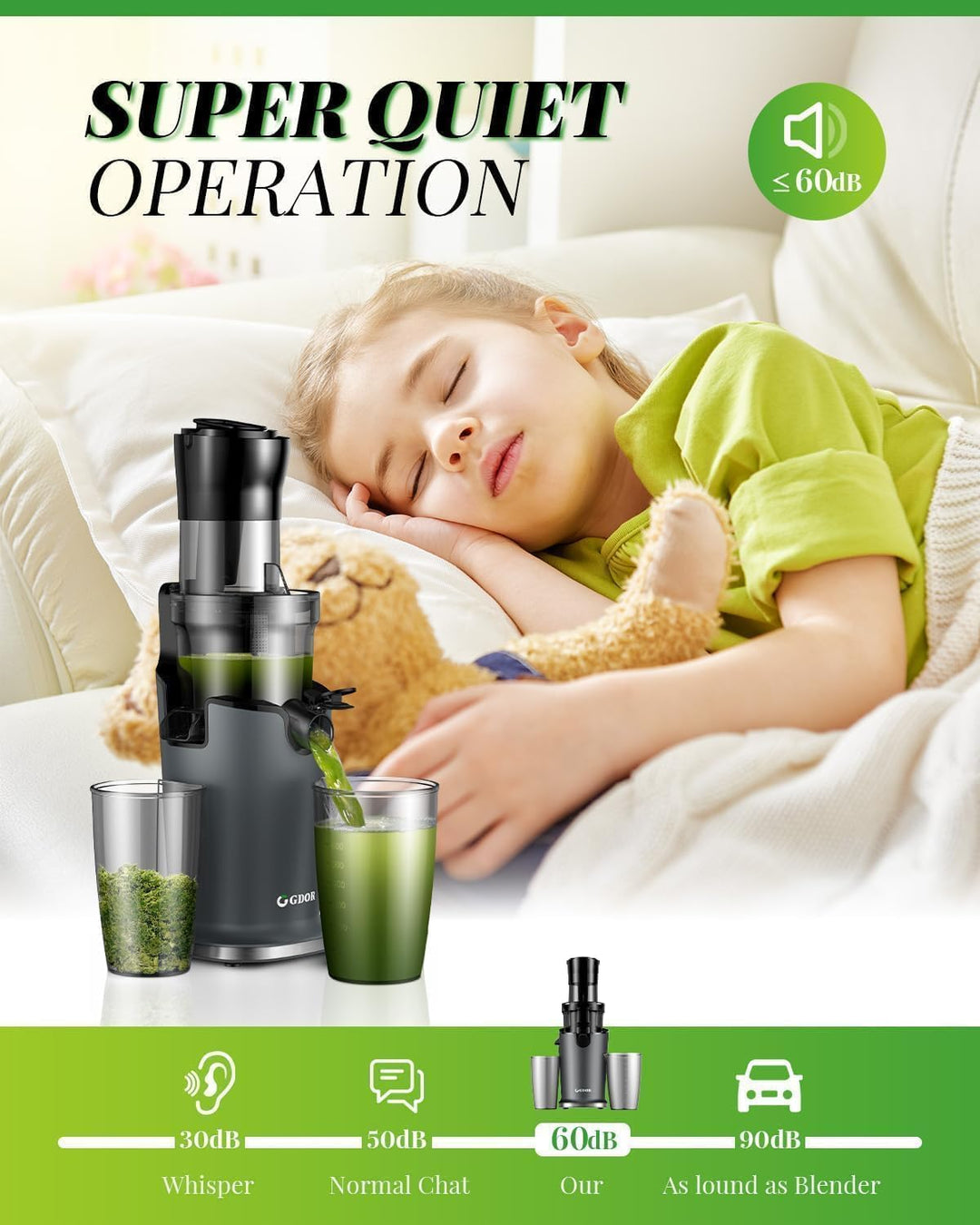 GDOR Slow Juicer Entsafter für Gemüse und Obst mit 90mm XL Einfüllöffnung, Hohe Saftausbeute Entsaft