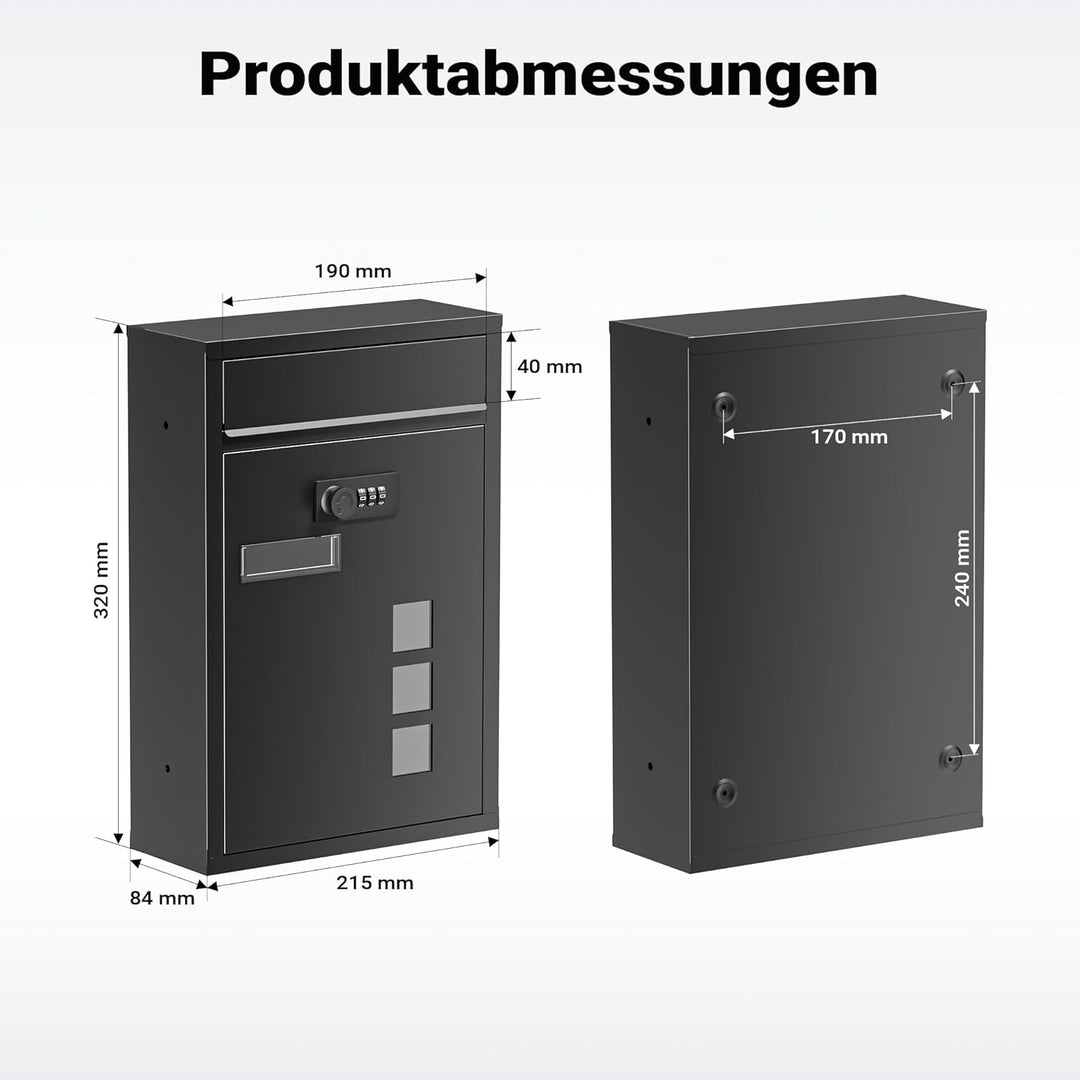Wiltec Briefkasten schwarz 215x320x90mm Briefkasten mit Zahlenschloss, Namensschild und Sichtfenster