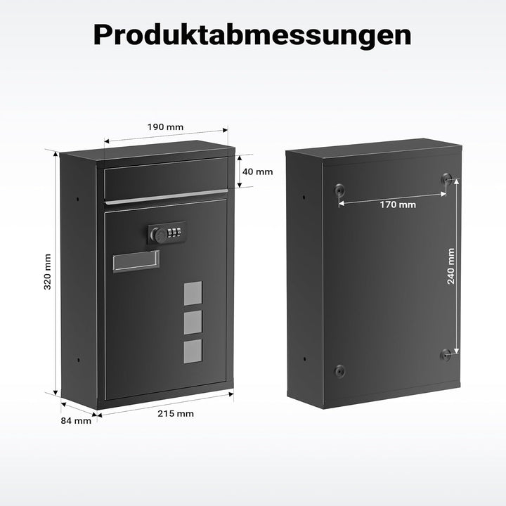 Wiltec Briefkasten schwarz 215x320x90mm Briefkasten mit Zahlenschloss, Namensschild und Sichtfenster