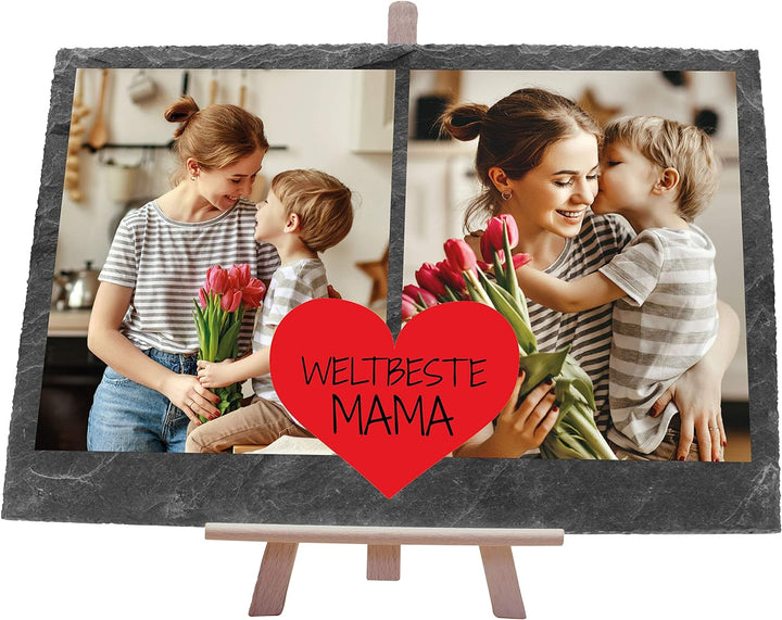 wandmotiv24 Schiefertafel Beste Mama, Personalisiert mit Ihren Farbfotos, Aufstellschild 2 Bilder in