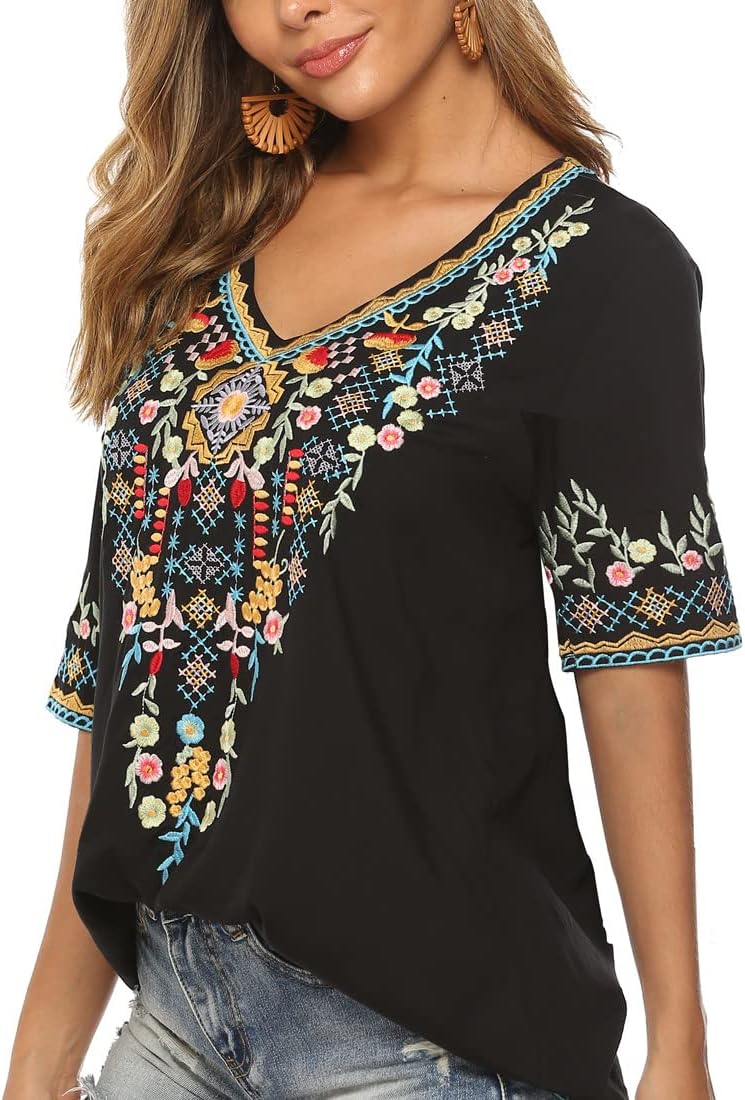 Seasonal Tunika Damen Sommer Boho Folklore Bluse mit Stickerei Oberteil Hippie Trachten Kurzarm Klei