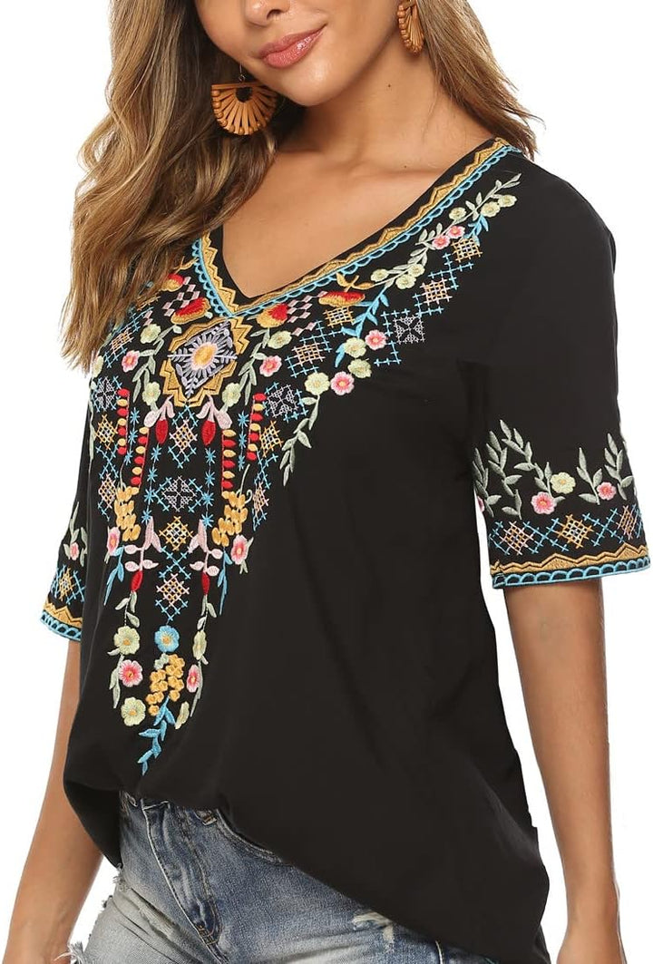 Seasonal Tunika Damen Sommer Boho Folklore Bluse mit Stickerei Oberteil Hippie Trachten Kurzarm Klei