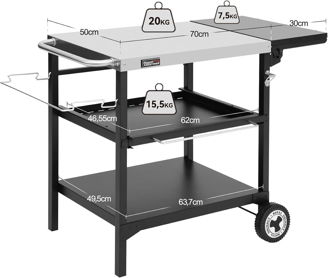 Royal Gourmet Outdoor Grilltisch, 3-Etagen Servierwagen mit 70 x 50 cm Edelstahl Tischplatte und 30