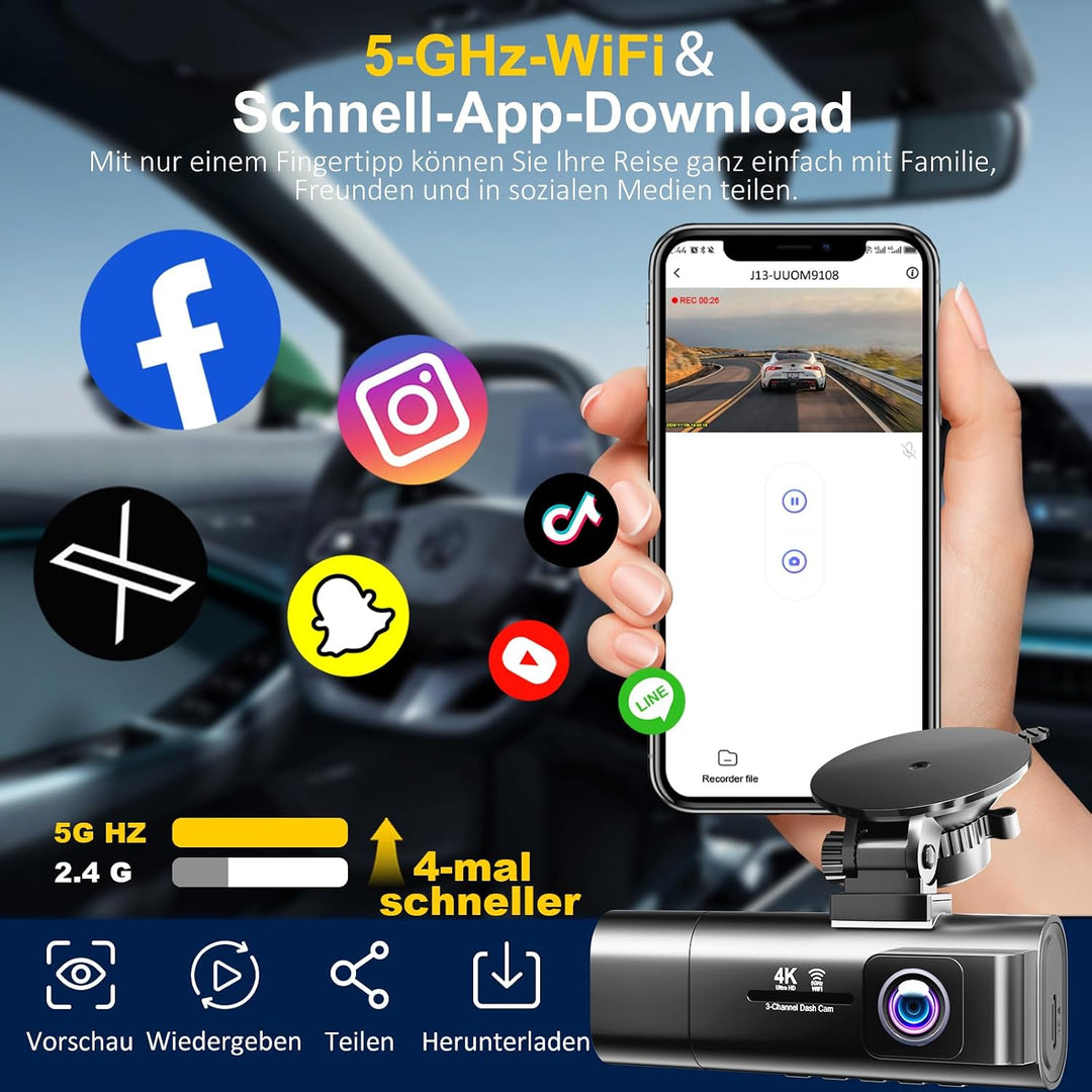 3-Kanal Dashcam Auto 4K+1080P+1080P Vorne Innen Hinten, 3,16" IPS Bildschirm, 5G WLAN mit 64GB SD-Ka