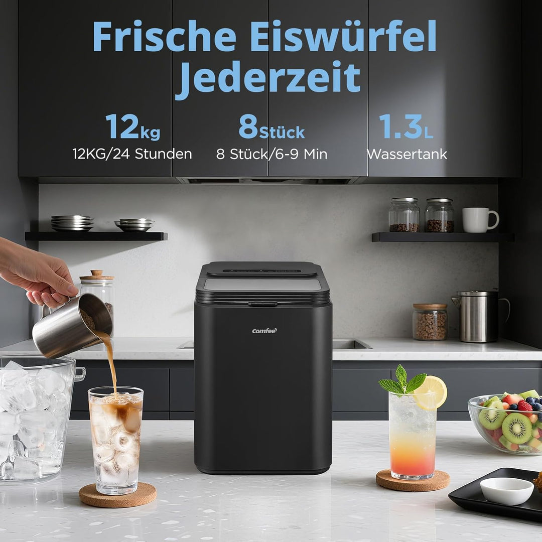 COMFEE' RCI12BL1EU(E) Eiswürfelmaschine, 8 Eiswürfel in 6 Min.,12 kg/24 Std.,1,3L Wassertank, Selbst
