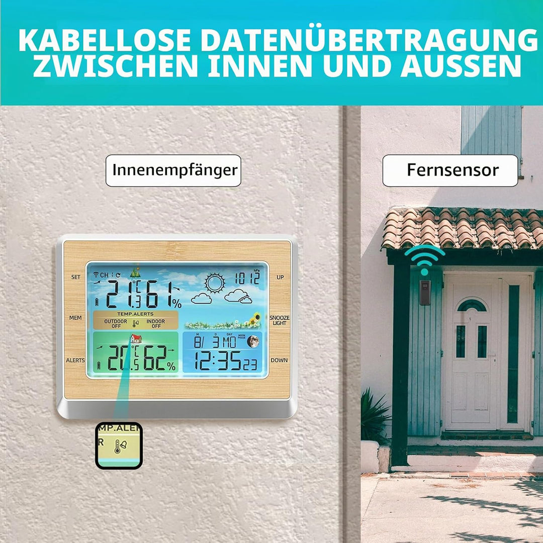 WLAN-Wetterstation mit LED-Farbbildschirm, Helligkeitsanpassung, Temperatur und Luftfeuchtigkeit, we