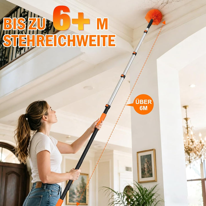 6m Staubwedel Teleskop Waschbar, Spinnenwebenentferner zum Reinigen, Spinnwebenbesen mit Teleskopsti