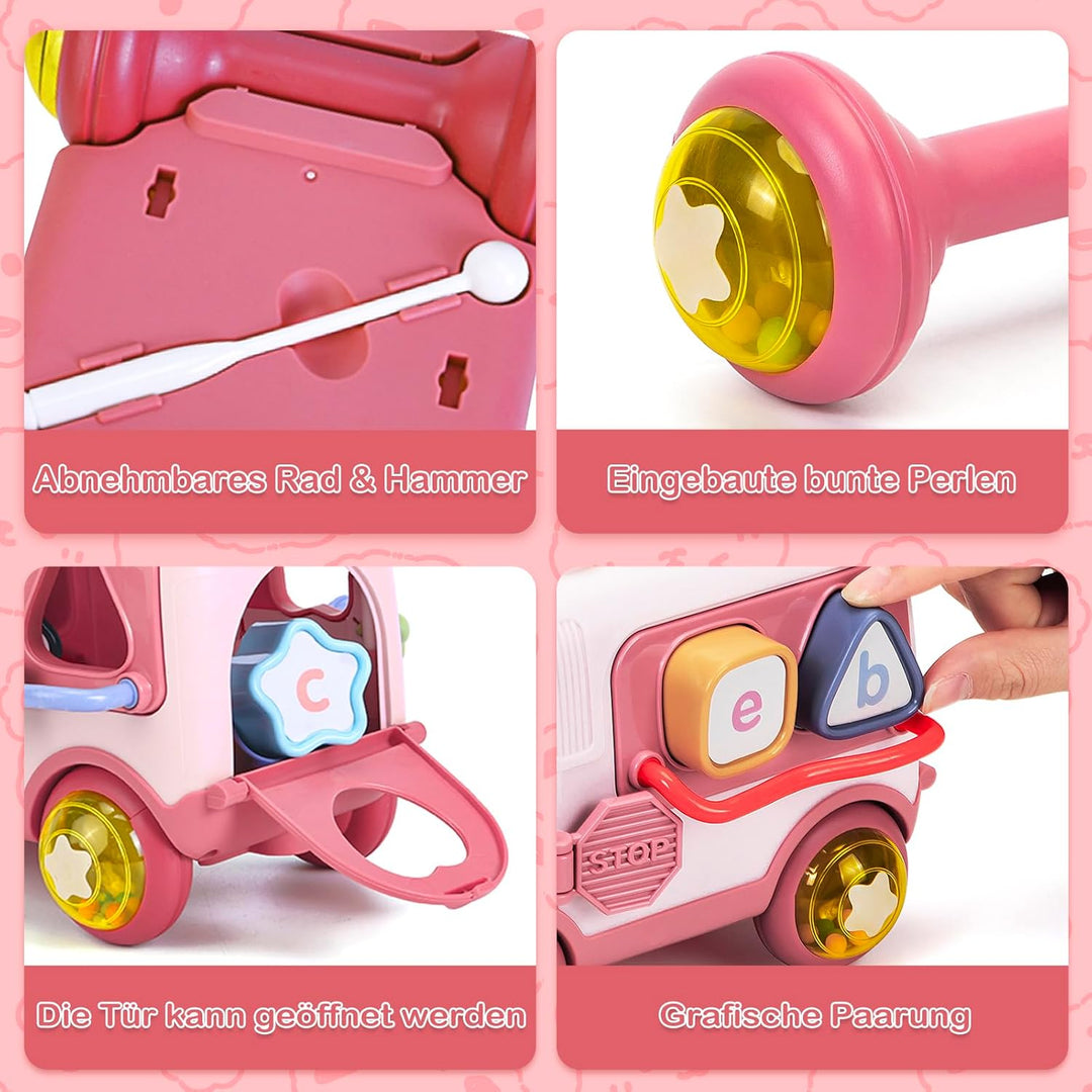 Spielzeug Geschenk ab 1 Jahr Mädchen, Musikalischer Bus mit Xylophon Motorikwürfel Rassel Rad, Baby