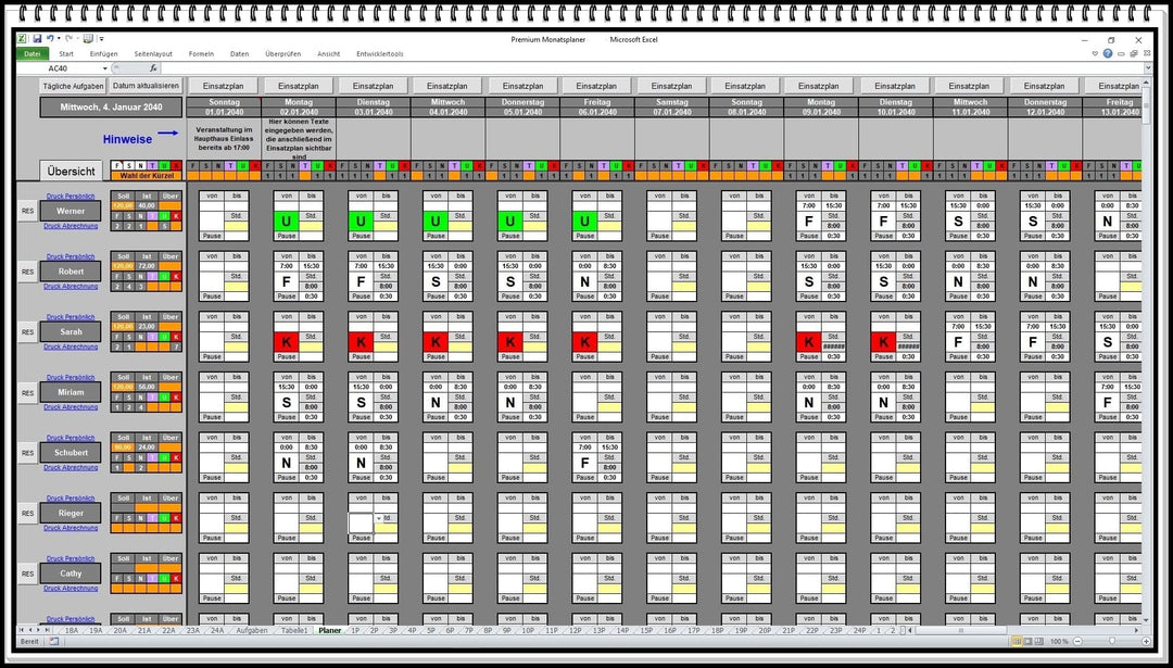 Elektronischer digitaler Dienstplaner Monatsplan Schichtplaner Einsatzplan Excel Software mit persön