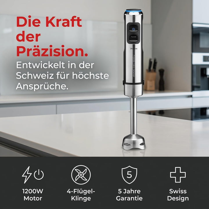Trisa Stabmixer, 1200W, Edelstahl Pürierstab, Hand Blender mit 4-Klingen-Cutter, variable Geschwindi