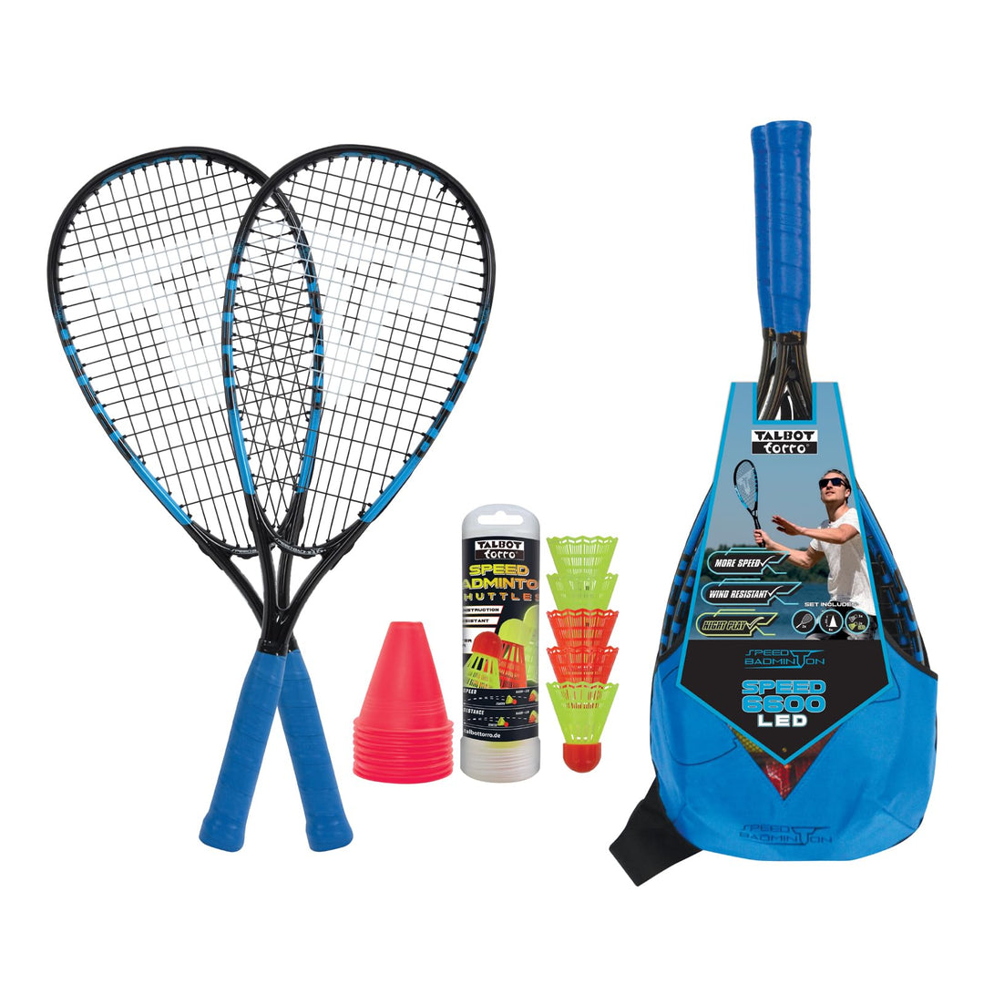Talbot Torro Speed-Badminton Set Speed 6600, 2 kraftvolle Alu-Rackets 58,5cm, 6 oder 5 windstabile F