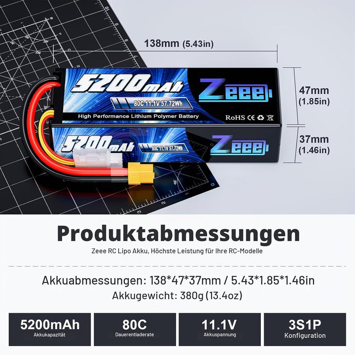 Zeee 3S Lipo Akku 5200mAh 11.1V 80C RC Akku Hartschalen mit XT60 Stecker für RC Auto LKW Tank Boot R