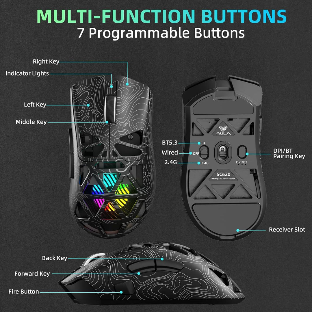 AULA SC620 Kabellose Gaming Maus,BT5.0/2.4G/USB-C,mit PixArt PAW3311-Sensor,12000DPI,8KHz,Feuertaste