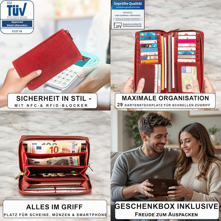 MATADOR Lange Damenbörse Geldbörse Portemonnaie Rinds Leder Scheintasche Geldtasche mit Doppelter Re