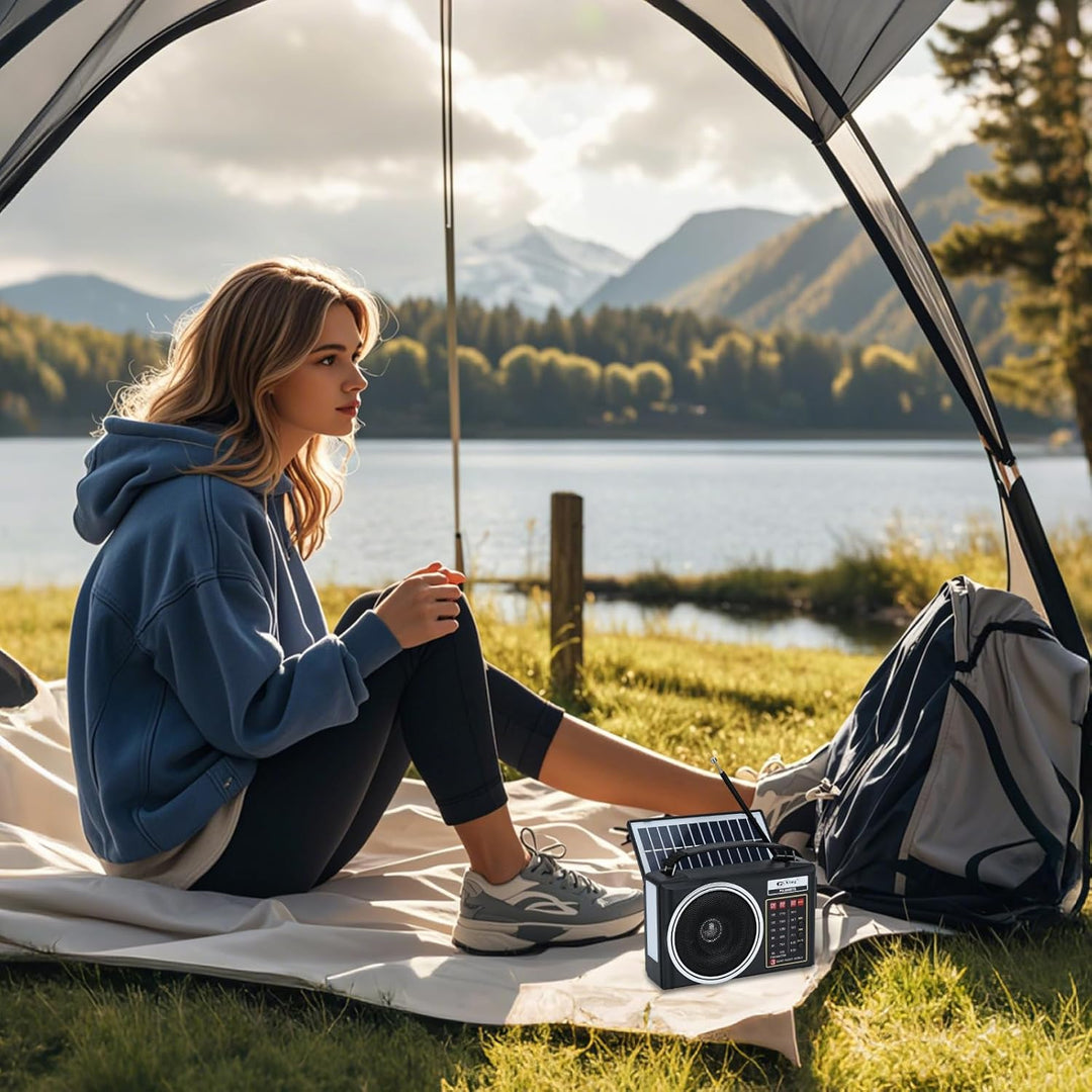 Tragbares Retro-Radio, kompaktes AM/FM/SW-Bluetooth-Radio mit Solarpanel, tragbare LED-Beleuchtung,