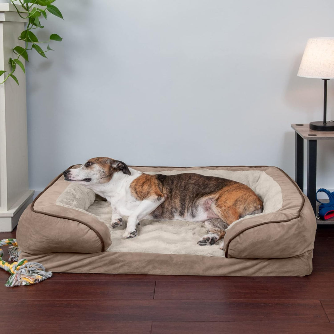 FurHaven Large Memory Foam Dog Bed Perfect Comfort Plush & Velvet Waves Sofa-Style w/Removable Washa