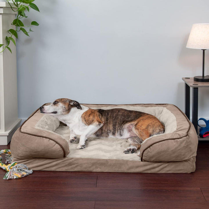 FurHaven Large Memory Foam Dog Bed Perfect Comfort Plush & Velvet Waves Sofa-Style w/Removable Washa