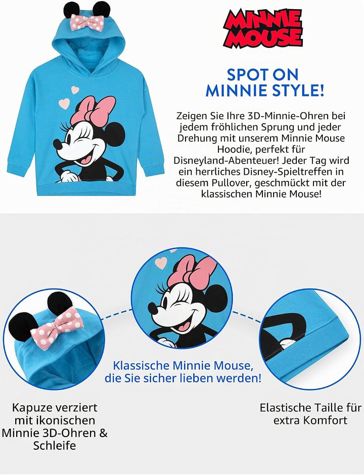Disney Minnie Mouse Mädchen Hoodie | Sweatshirt Mädchen | Minni Maus Hoodie 134 Blau, 134 Blau