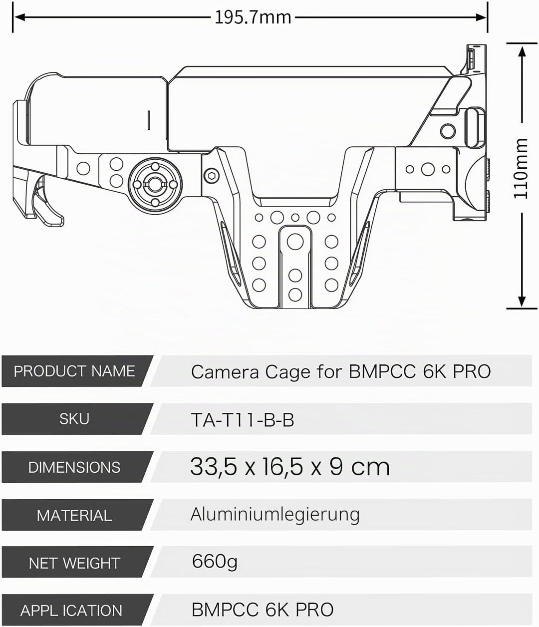 Tilta Basic Kit kompatibel mit BMPCC 6K Pro Full Camera Cage Abnehmbares Design Leicht Kompakt Langl