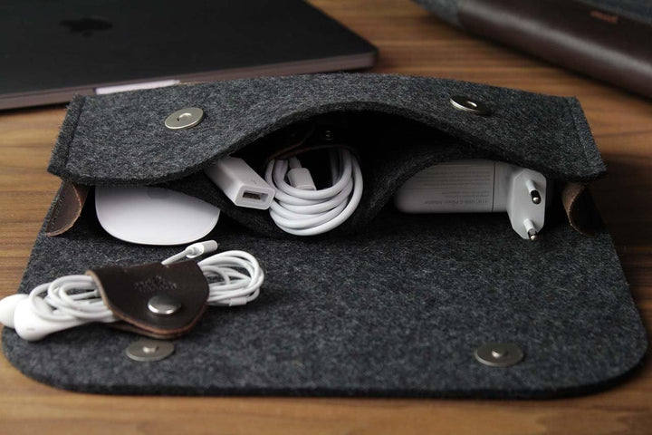 Pack & Smooch MacBook iPad Pro Zubehör Und Kabel Tasche 100% Wollfilz Und Pflanzlich Gegerbtes Leder