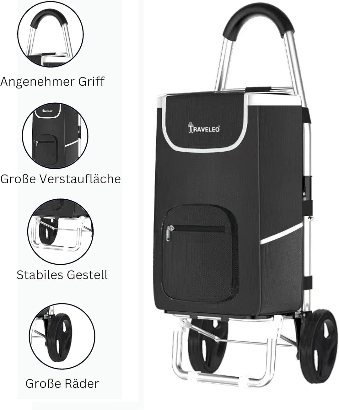56 L Einkauf Trolley Einkaufswagen Shopping Trolley Tasche Aluminium Stabil Schwarz, Schwarz