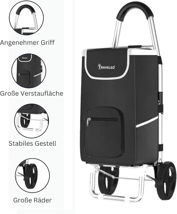 56 L Einkauf Trolley Einkaufswagen Shopping Trolley Tasche Aluminium Stabil Schwarz, Schwarz