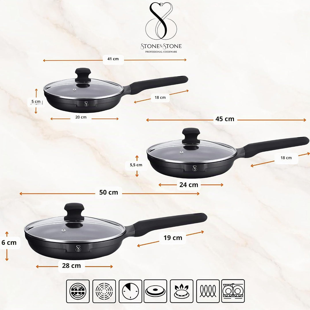 Stone&Stone Pfannenset 3-teilig 20 cm 24 cm 28 cm | Bratpfannen Induktionspfannen | Deutsche GREBLON