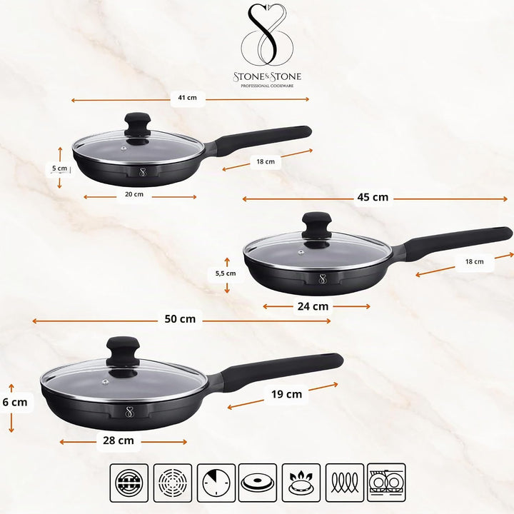 Stone&Stone Pfannenset 3-teilig 20 cm 24 cm 28 cm | Bratpfannen Induktionspfannen | Deutsche GREBLON