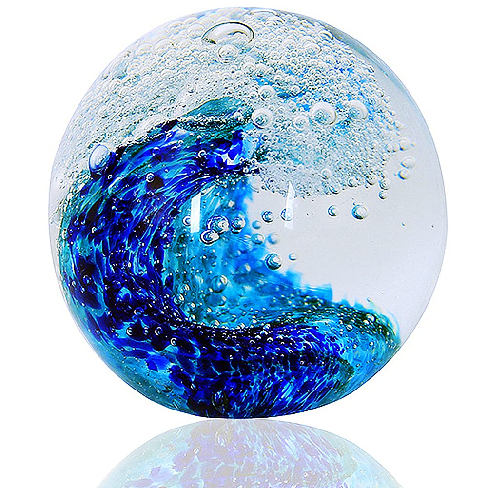 EUSTUMA Handgeblasene Glasfiguren, Kugel, Ozeanwellen, Büro-Briefbeschwerer, Glas für Schreibtisch,