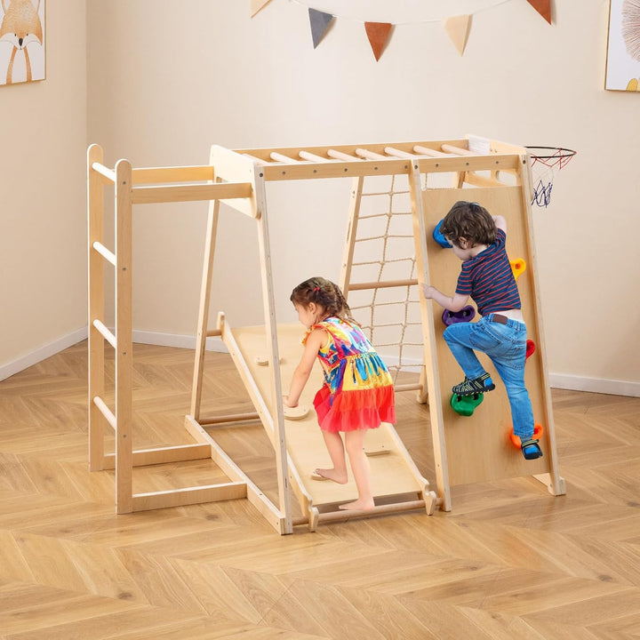 COSTWAY Klettergerüst Indoor, 6 in 1 Kletterleiter & Kletterstrick & Kletterfelsen & Rutsche & Affen